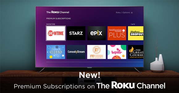 A TV showing multiple premium subscriptions available on The Roku Channel.