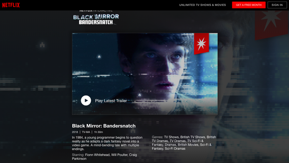 The page for Netflix's original show "Bandersnatch" seen on Netflix's platform