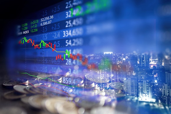 Montage of graphs, numbers, and coins.