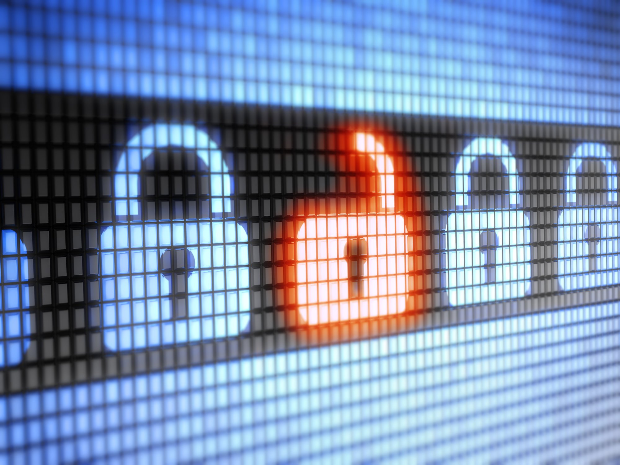Close-up shot of a few pixelated padlocks. Most of them are blue and closed; one is red and open.
