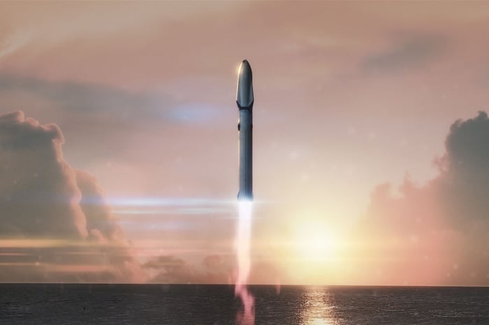 Artist's rendering of Super Heavy and Starship lifting off