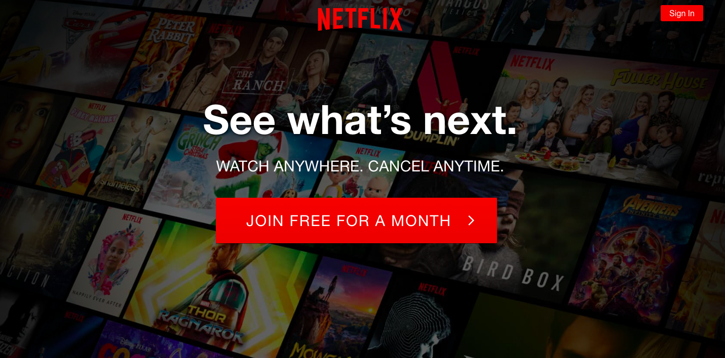 The Netflix website's page to start a free trial of its service