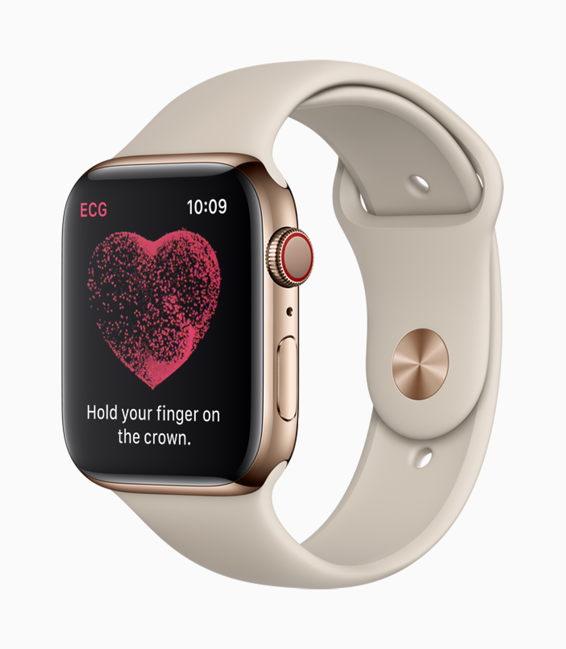 An Apple Watch displaying a heart icon and instructing the wearer to hold their finger on the crown.