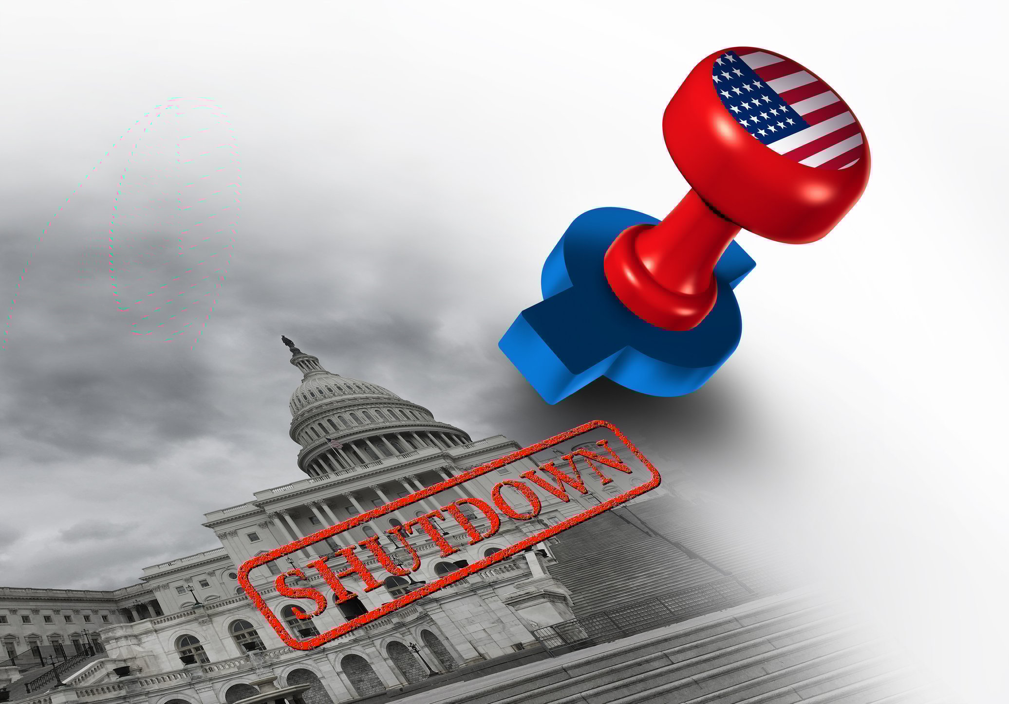 Red, white, and blue stamper with "shutdown" stamped in red on a photo of the U.S. Congress building