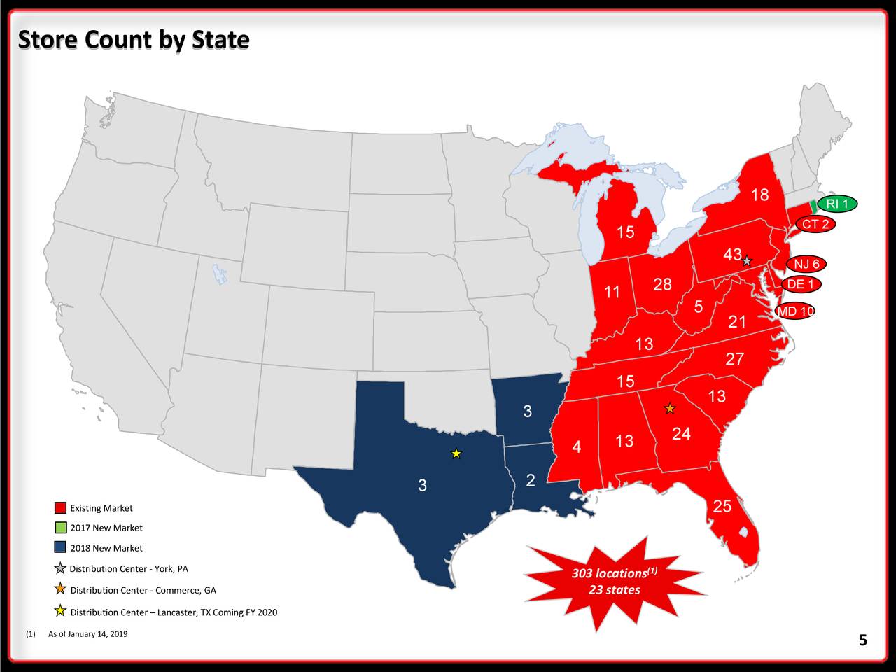 Map showing Ollie's store count by state.