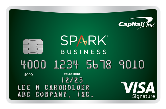 Green credit card with Capital One Spark Business branding.