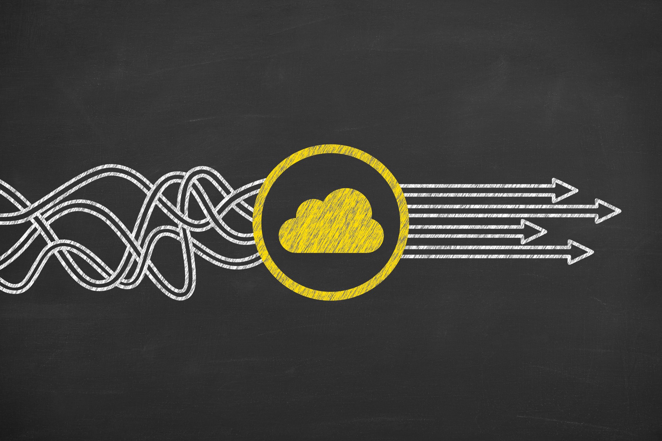 Tangled lines flowing through a digital cloud and emerging as straight lines