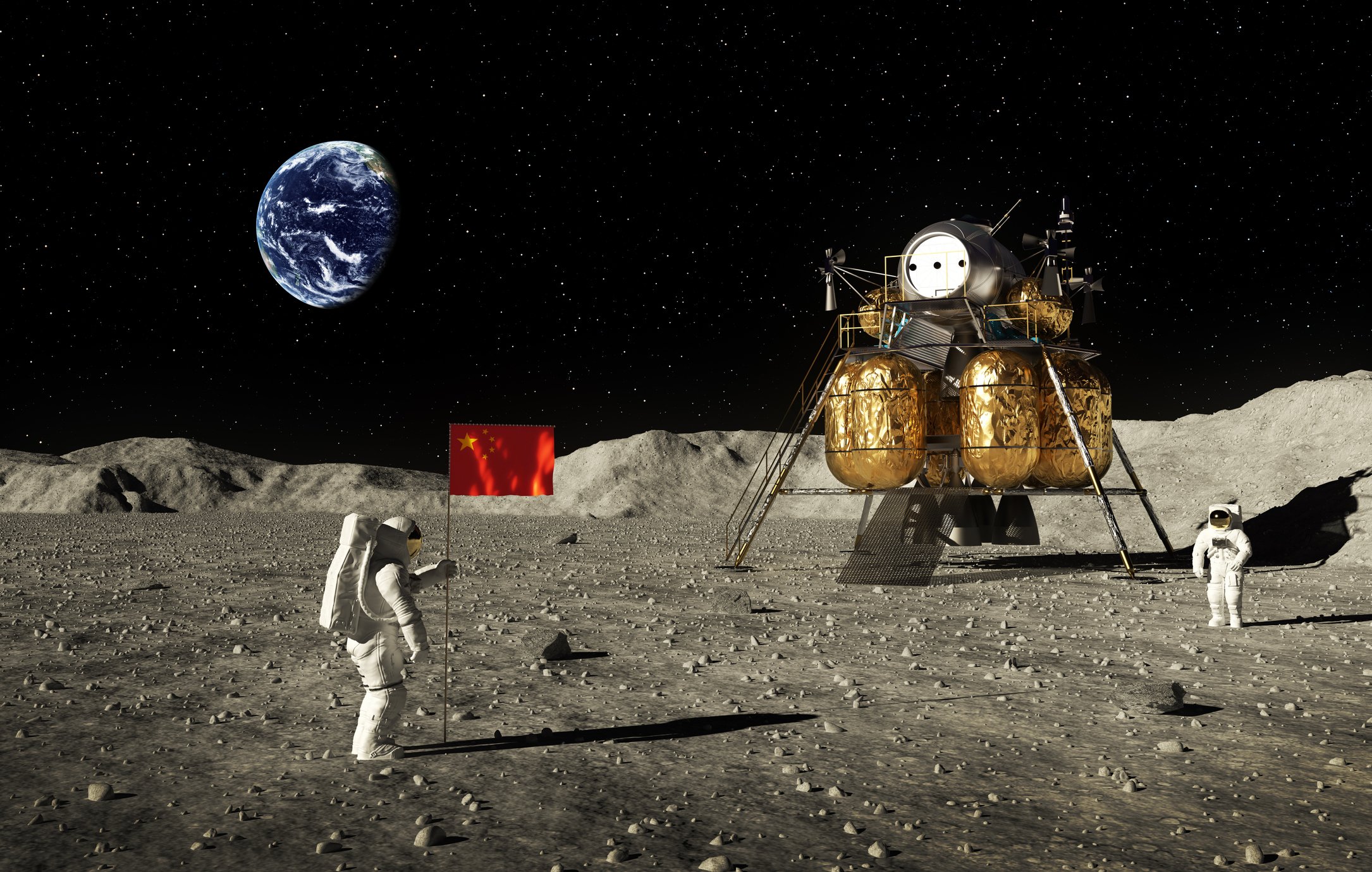 Astronauts planting Chinese flag on the moon