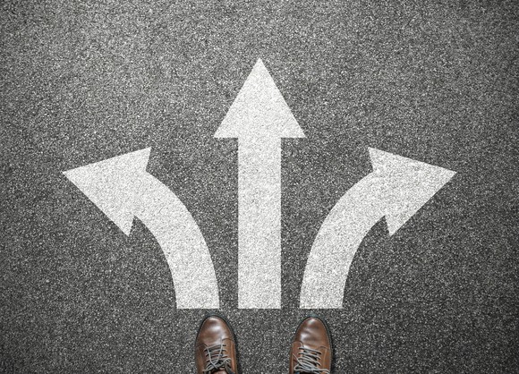 Shoes in front of three arrows pointing in three different directions. 