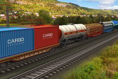 Freight Train Passing By Mountain Range