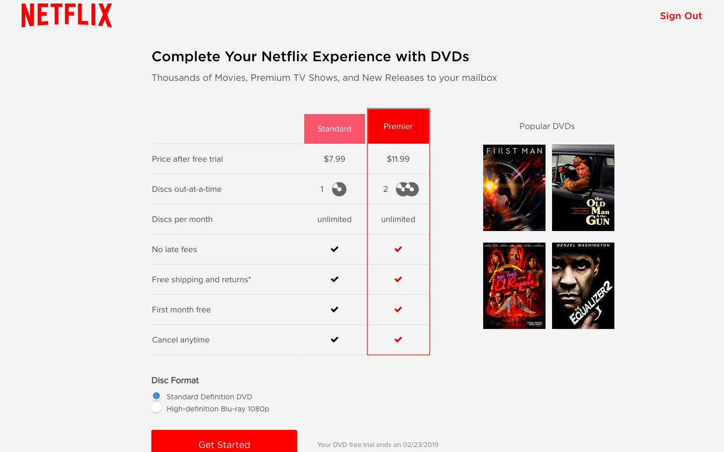 Netflix's homepage for its DVD subscription plans.