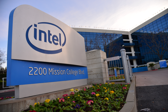 A sign with the Intel logo.