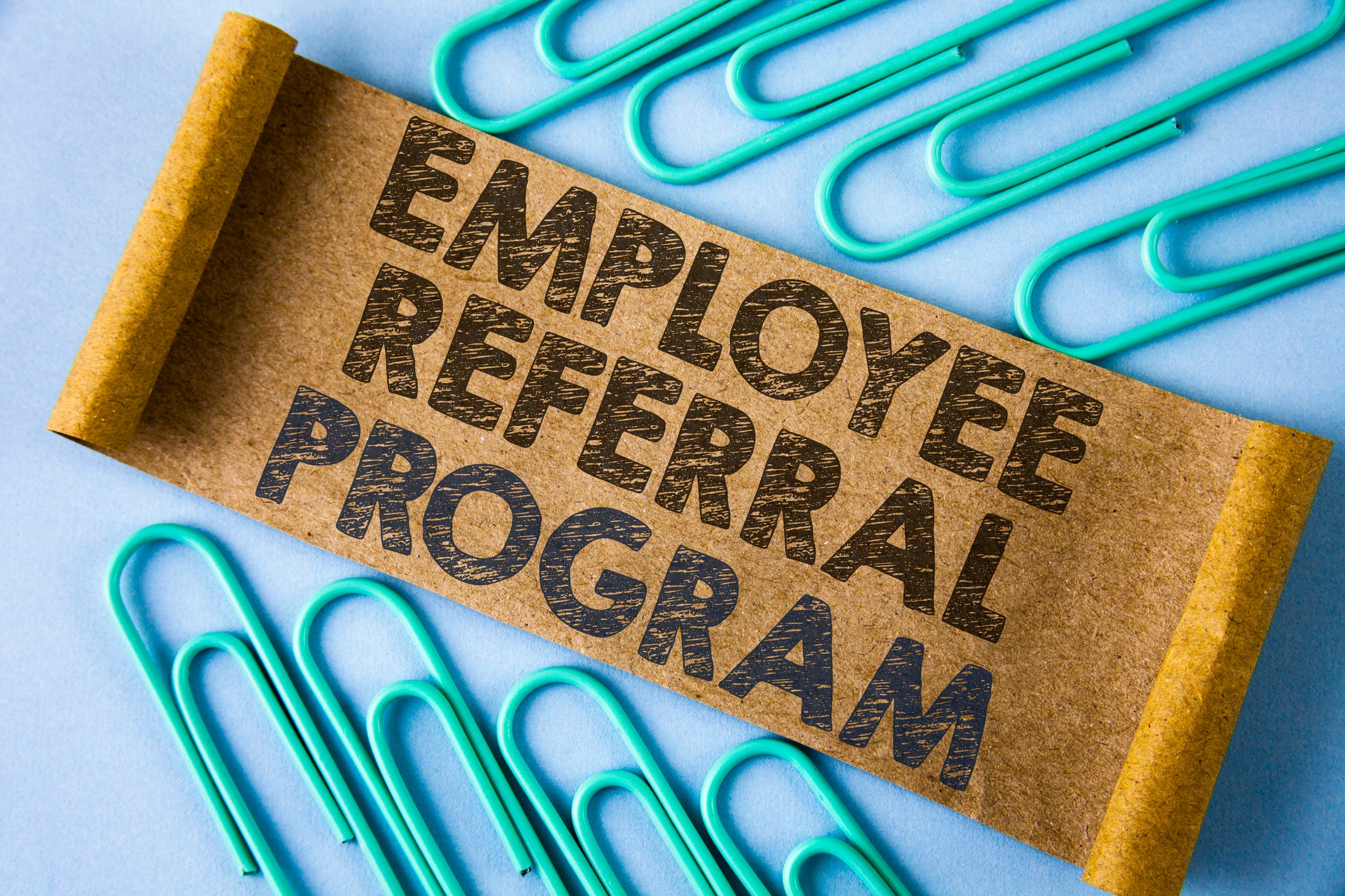 Piece of cardboard with employee referral program written on it on a blue background, surrounded by green paper clips