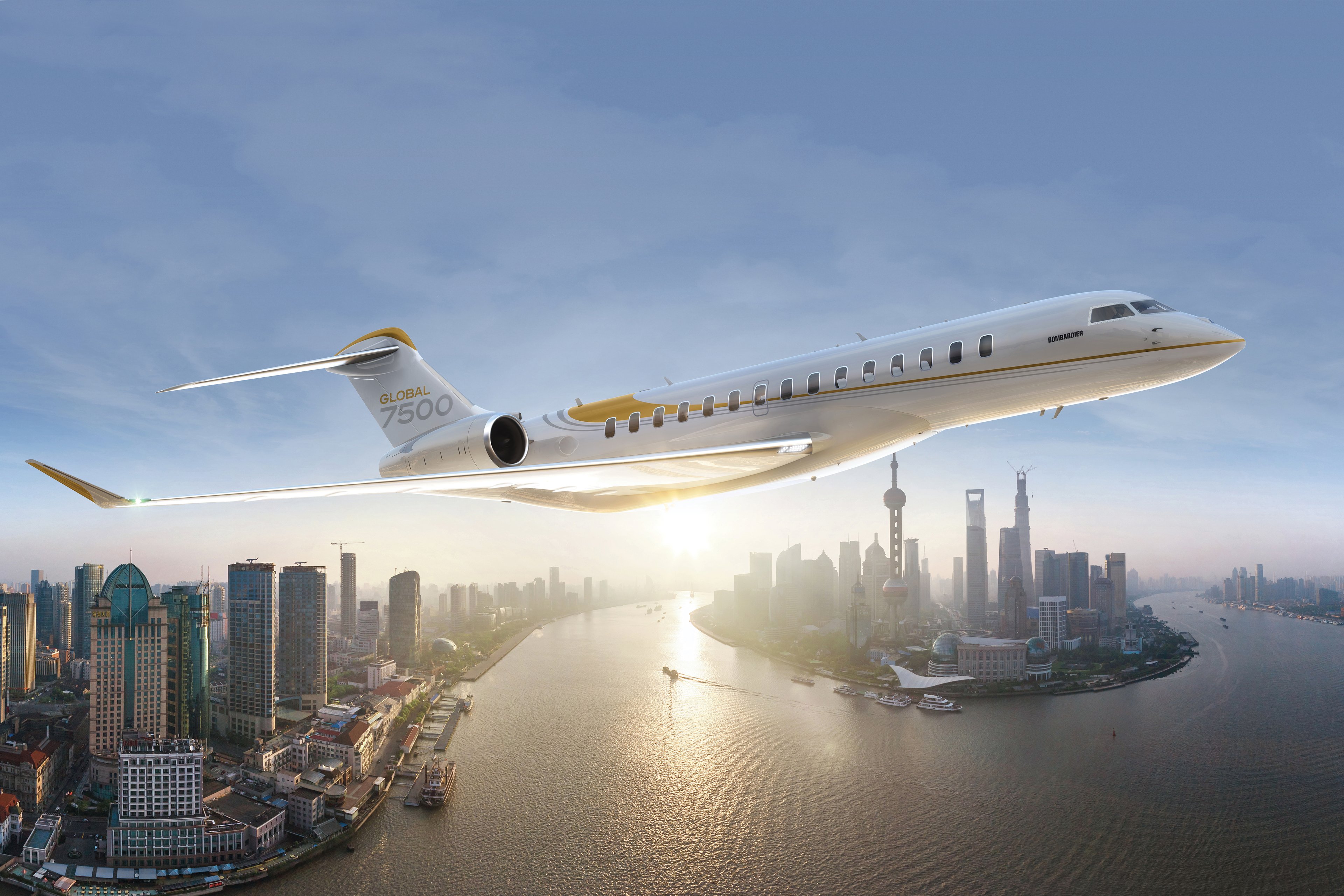 Artist rendering of Bombardier Global 7500 in flight.