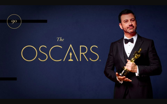 An ad for the 2019 Oscars with TV talk show host Jimmy Kimmel holding an Oscar statuette.