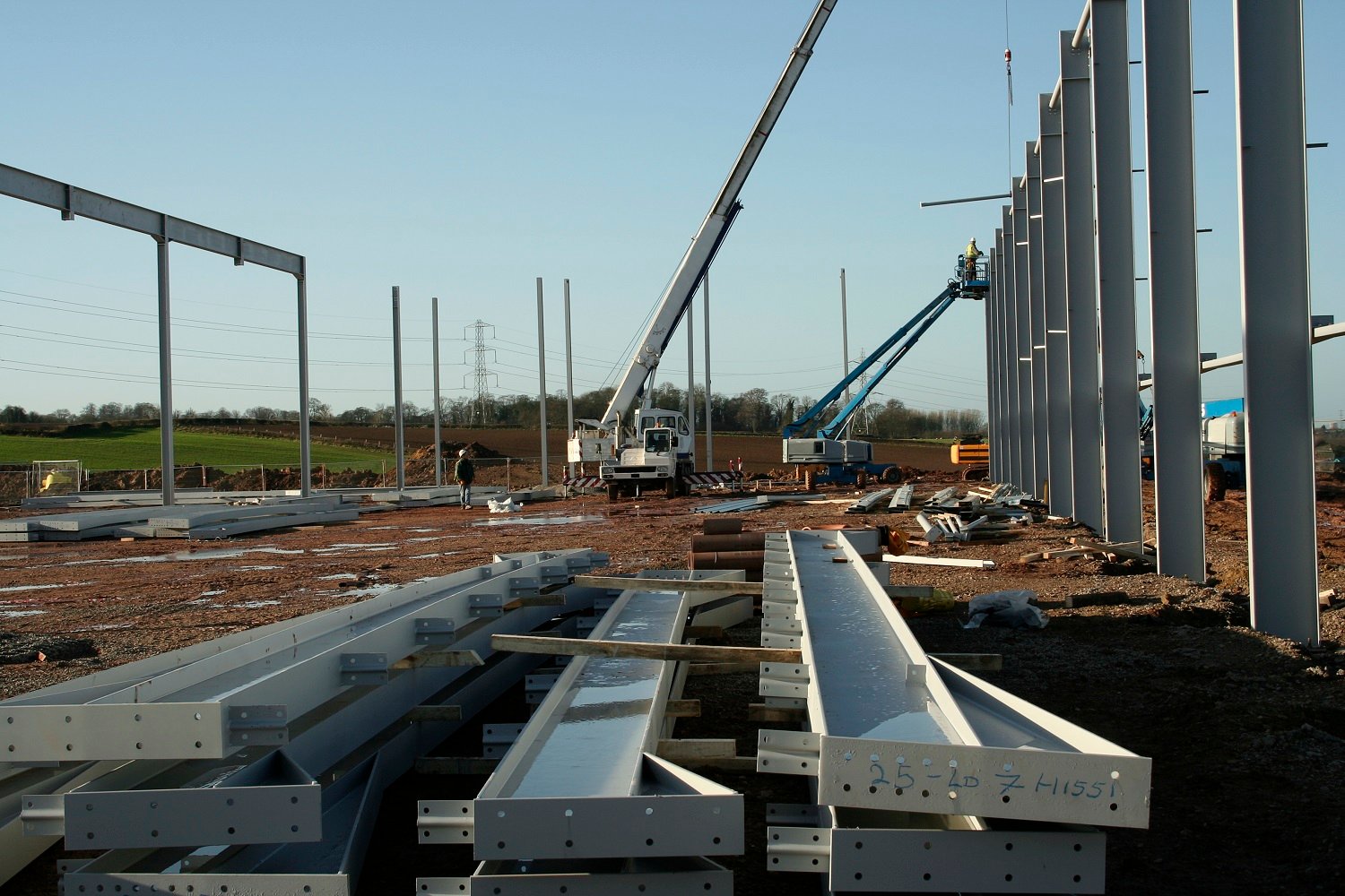 Steel beams at a construction site. 