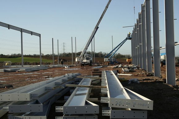 Steel beams at a construction site. 