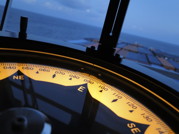 Marine gyro compass aboard ocean freighter.