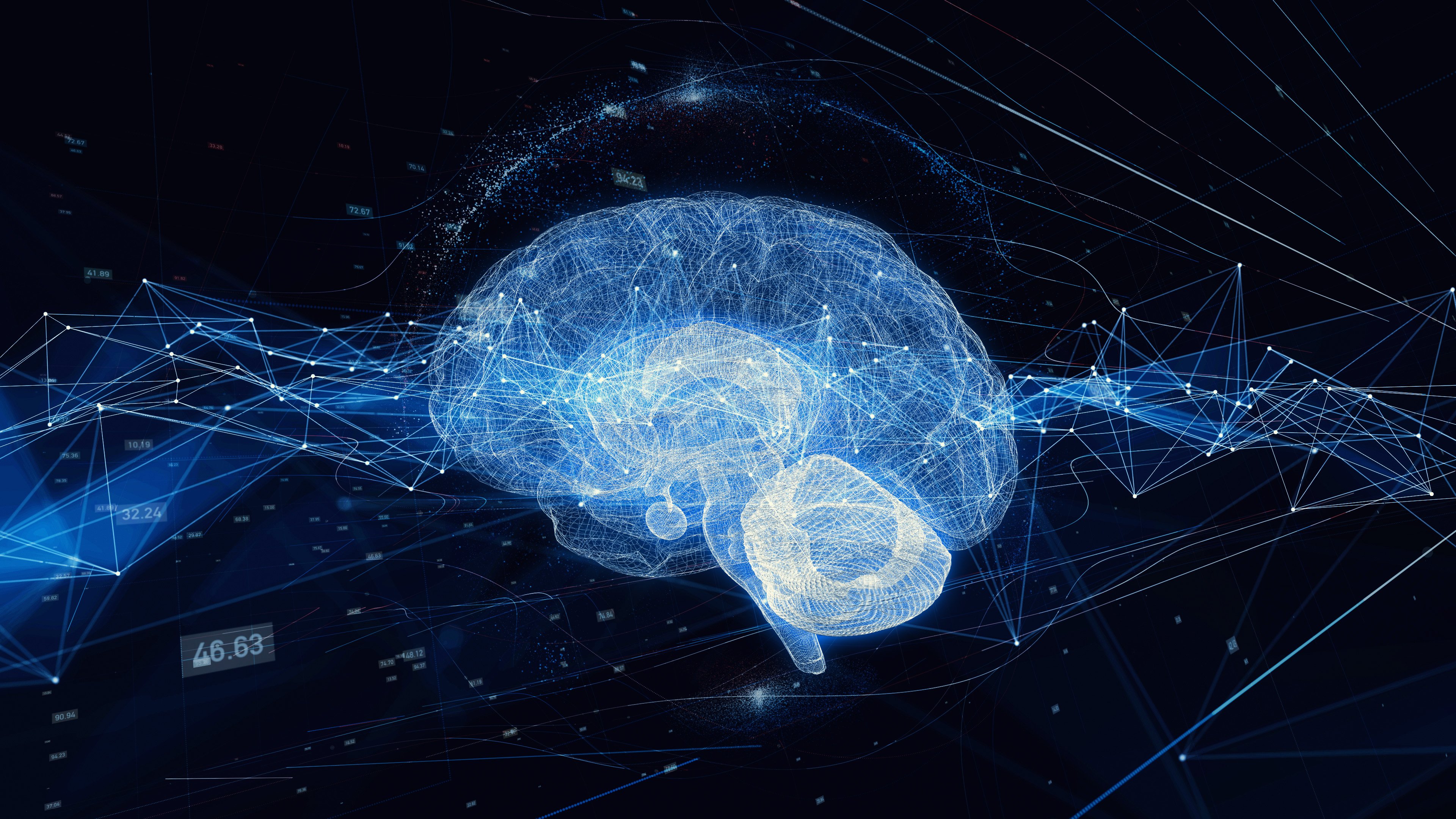 The outline of a brain on a back background.