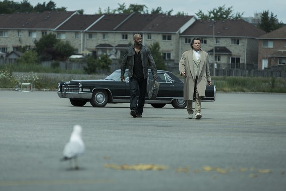 Two men walking across an empty parking lot with a car in the background and a seagull in the foreground