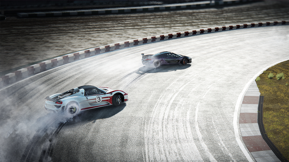 A screenshot from the Grand Tour game, showing two supercars drifting around a corner on a track