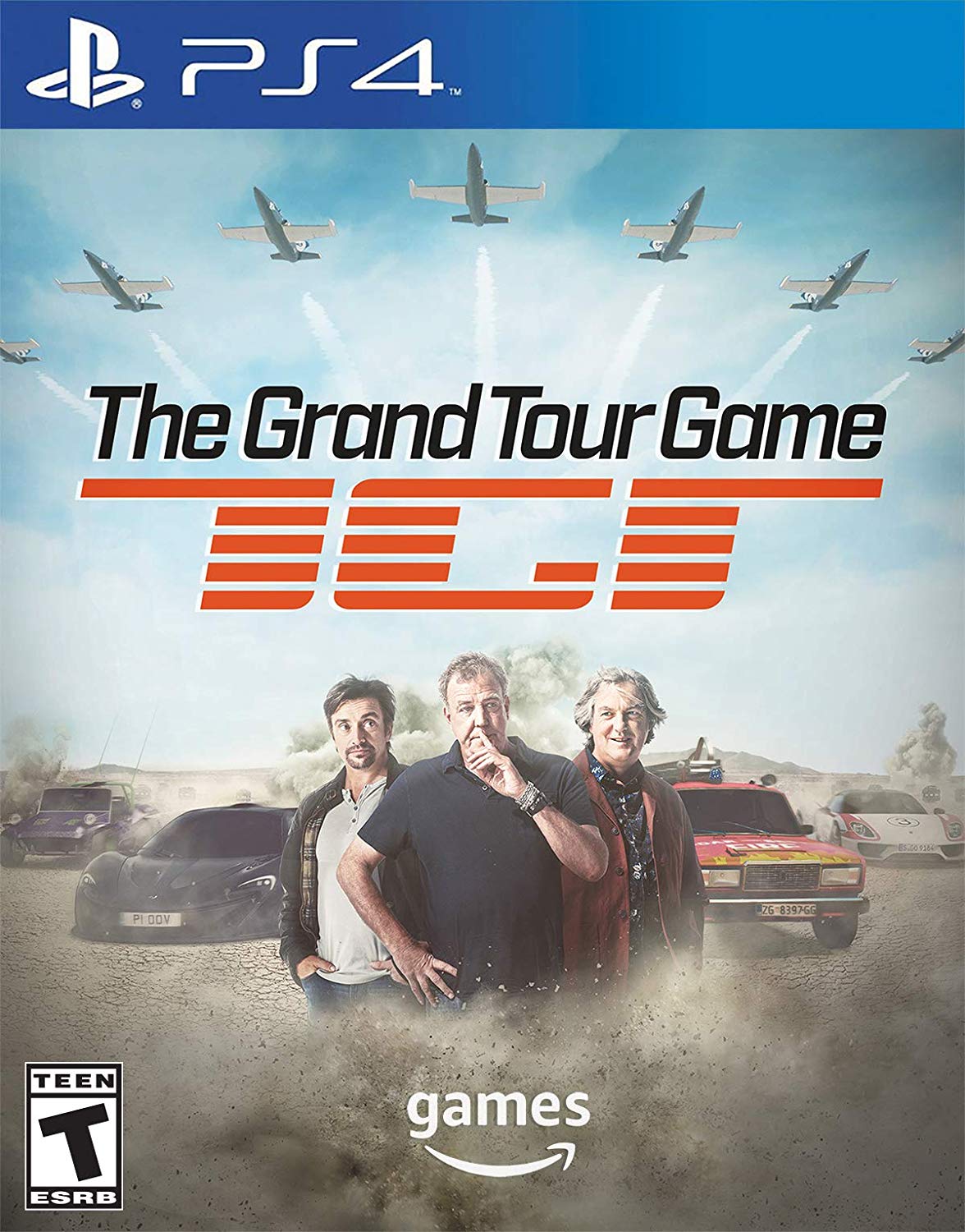 The Grand Tour Game box with the show's three hosts pictured on the front and various cars in the background