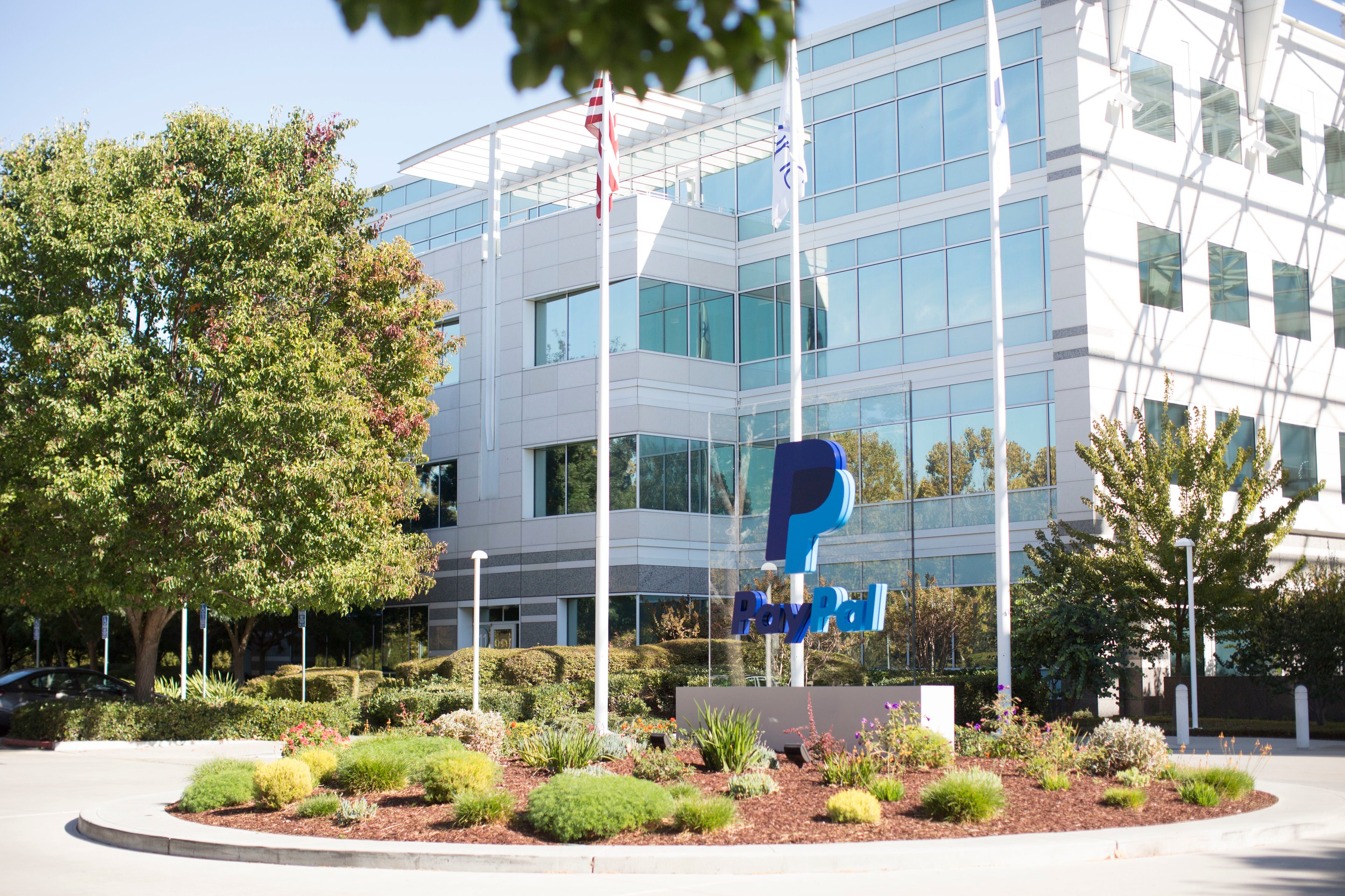 The PayPal logo in front of the company headquarters.