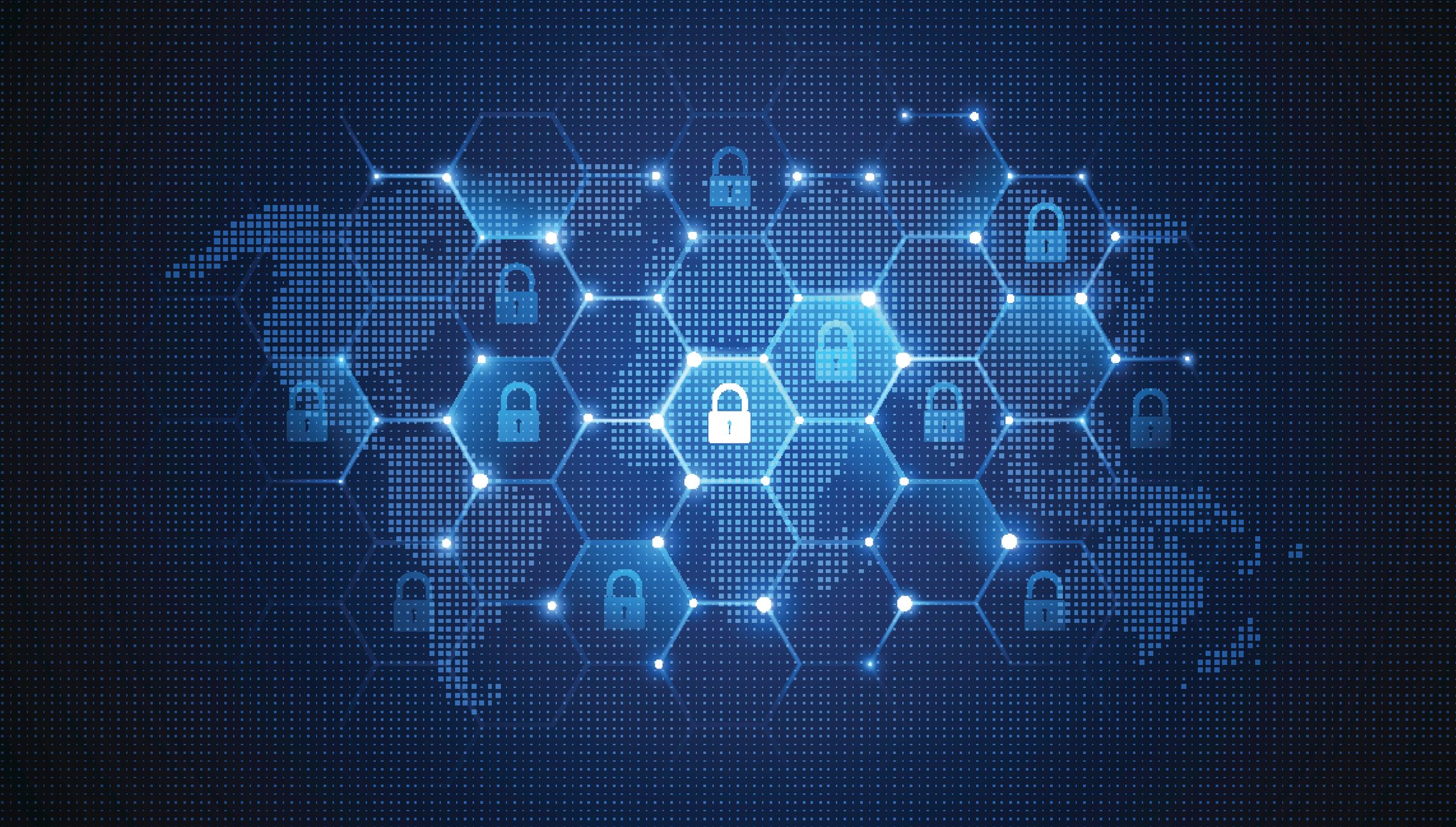 A blue-tinted map of the world overlaid with a hexagon grid and several padlock icons.