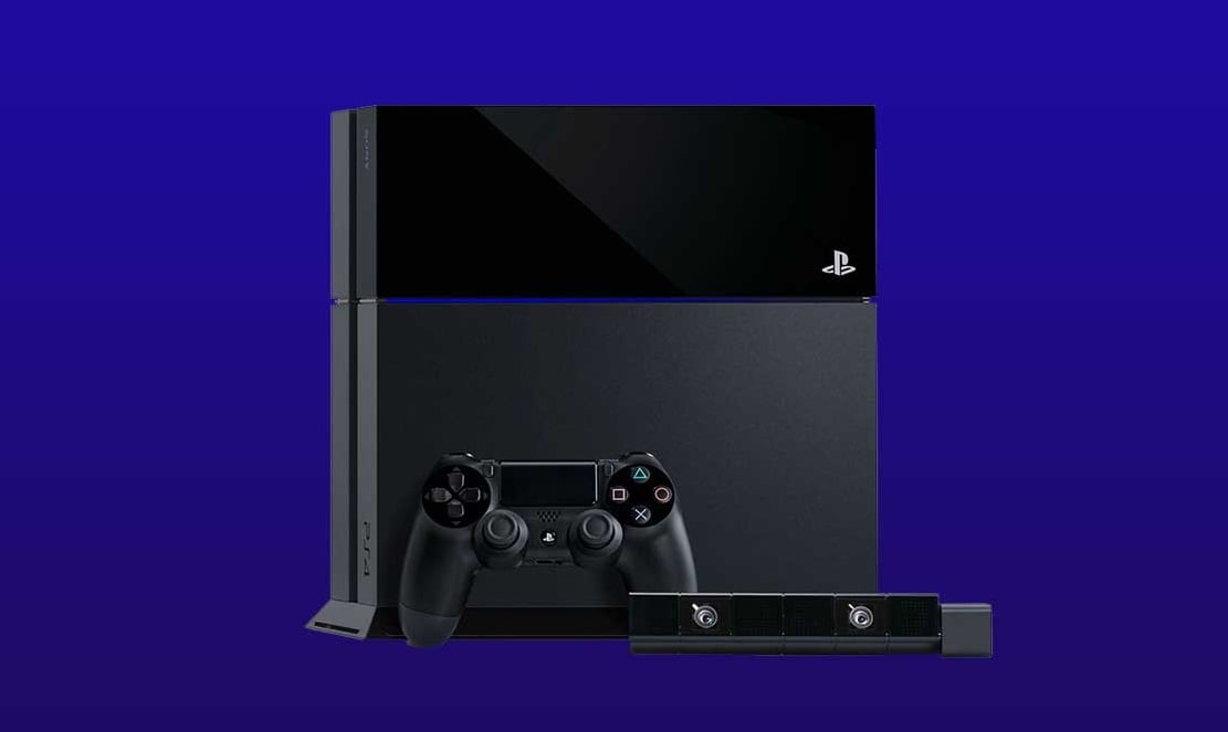 Sony Playstation with controller against a purple background.