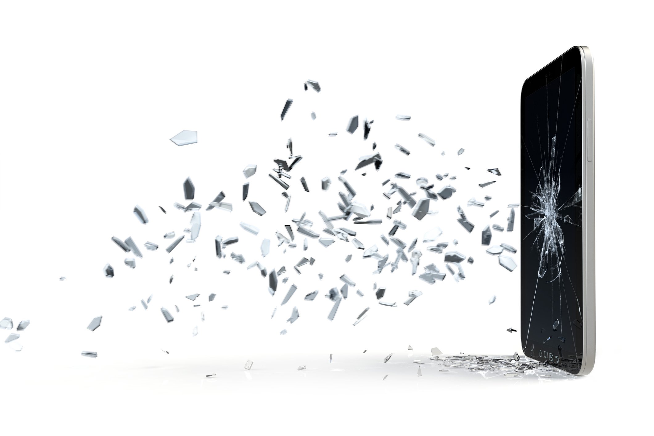 Broken glass shards fly from a shattered smartphone screen