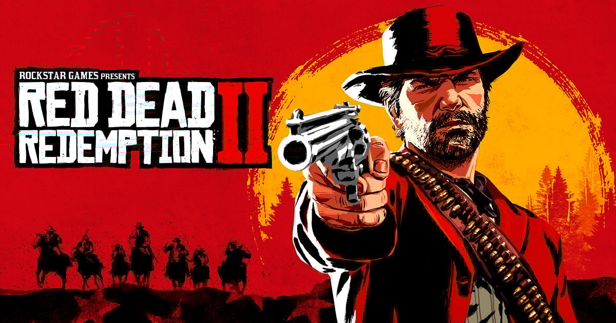 Illustration of a person wearing hat and ammo belt holding up a gun, next to Red Dead Redemption II logo