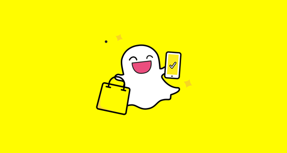 White Snap ghost icon holding mobile device and shopping bag.