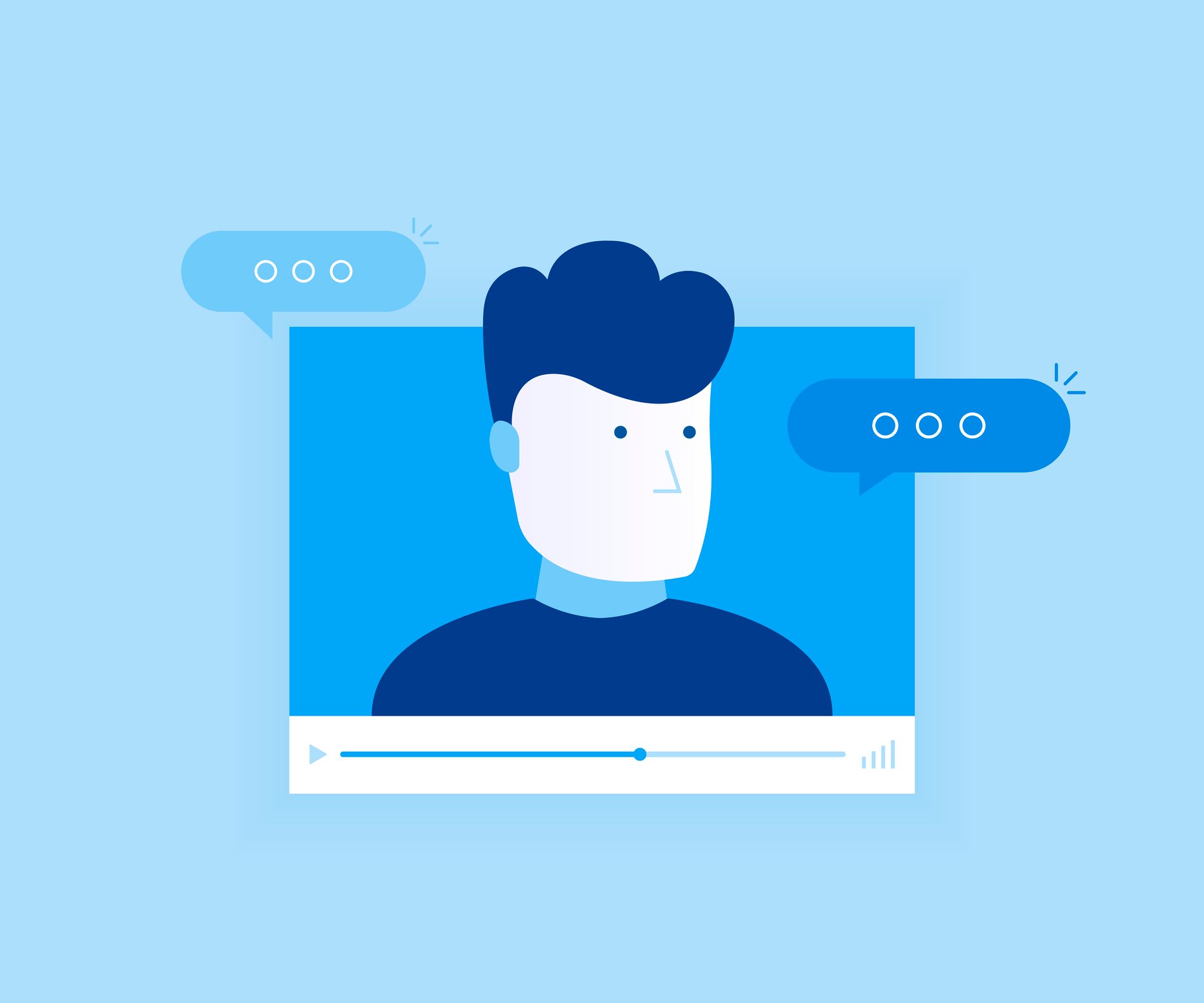 A blue illustration of a person with thought bubbles on a screen.