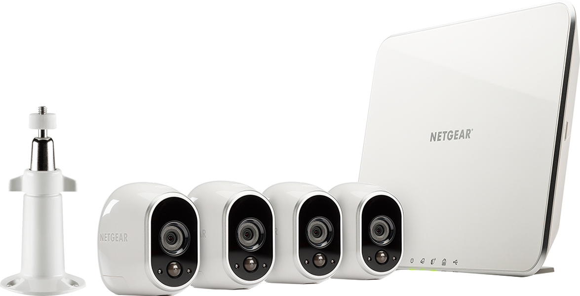 All the components of an Arlo security camera system lined up