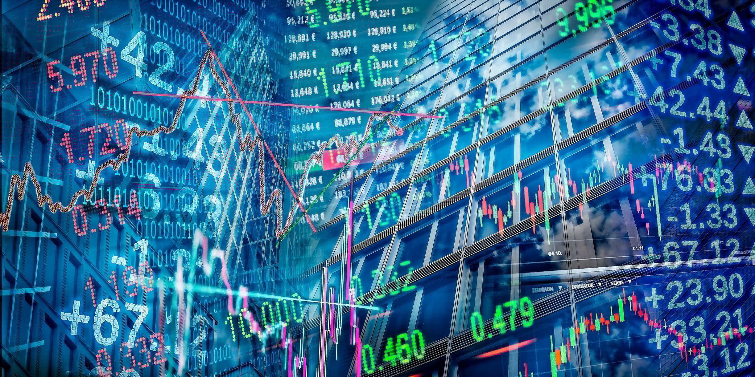 A graphic of many stock market charts and symbols