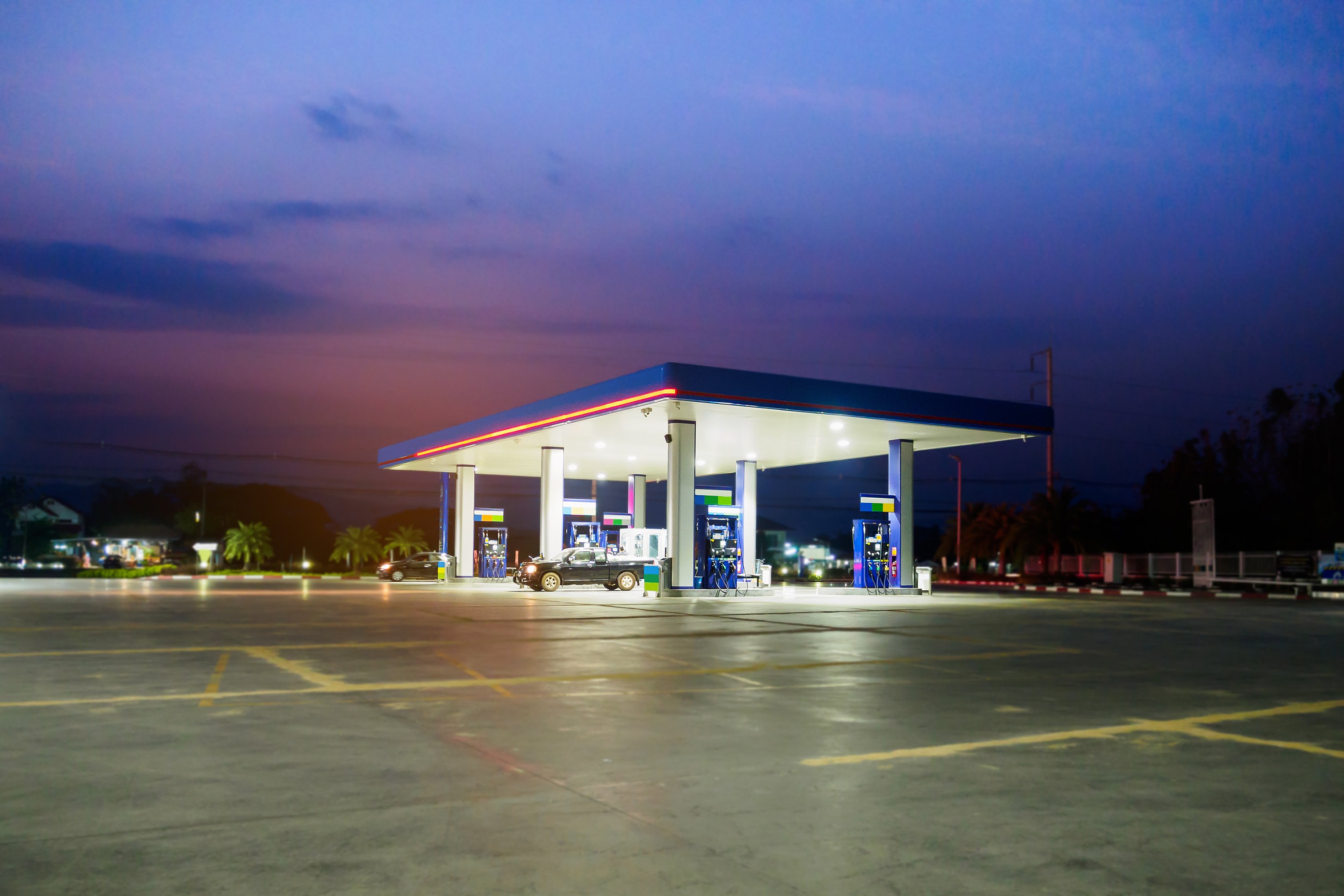 Gas station at sunset.