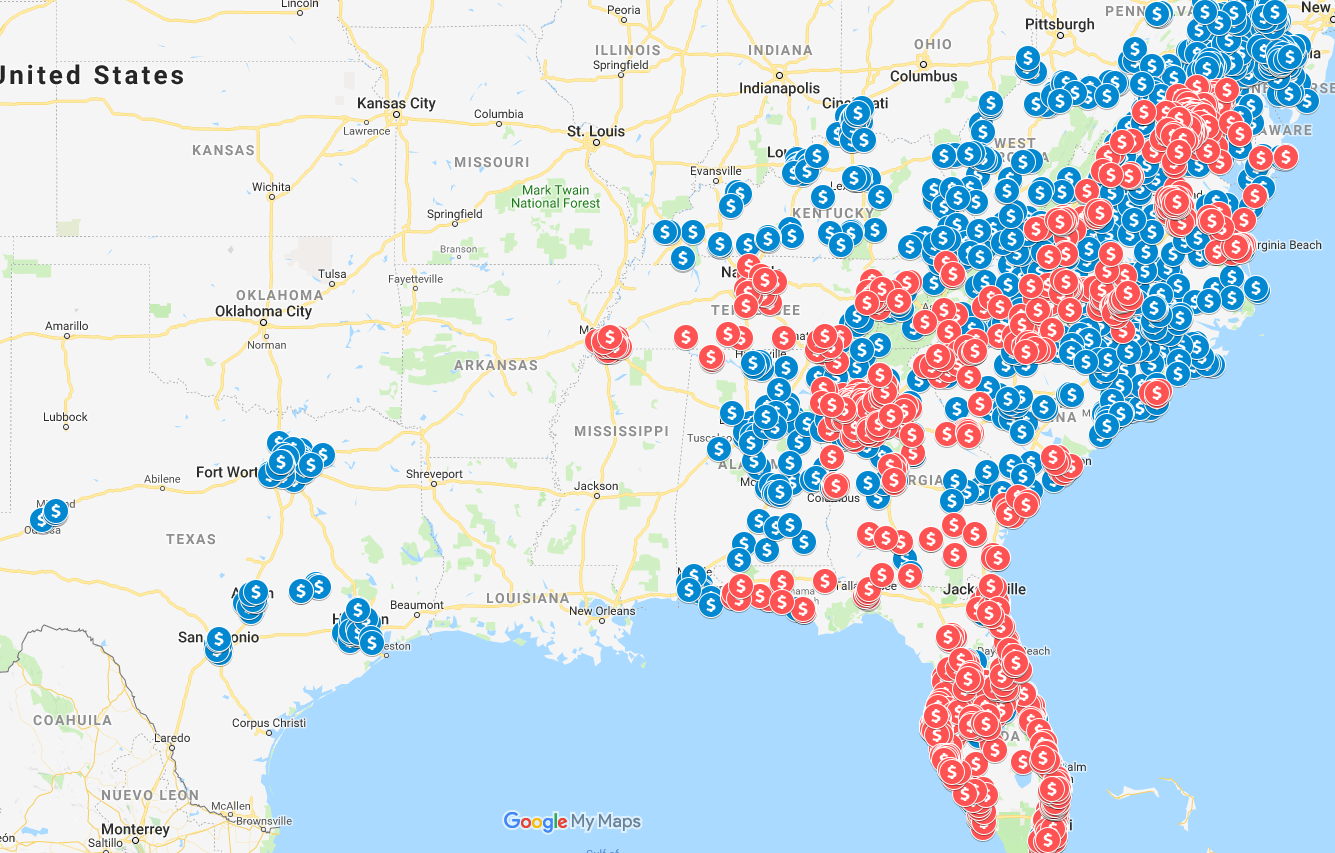 Map of BB&T and SunTrust branches. BB&T branches are blue; SunTrust's are red.