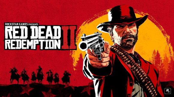 Game art for Take Two's Red Dead Redemption depicting a man wearing a wide-brimmed hat pointing a gun with a sunset and men riding horses in the background.