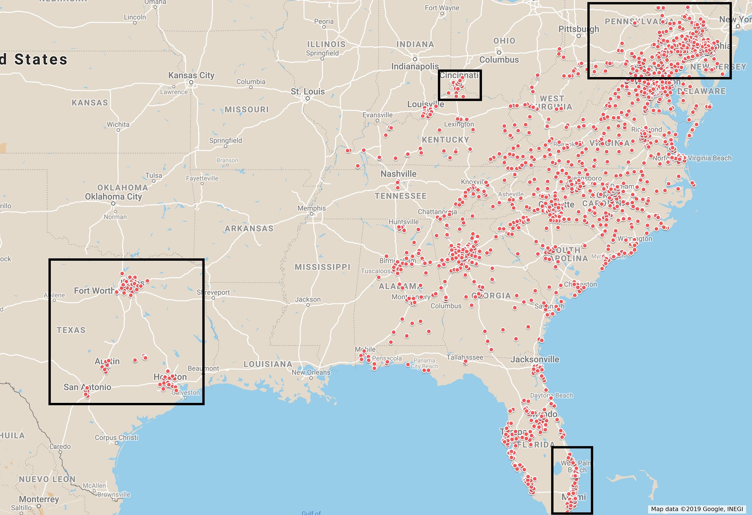 Map of BB&T branches.