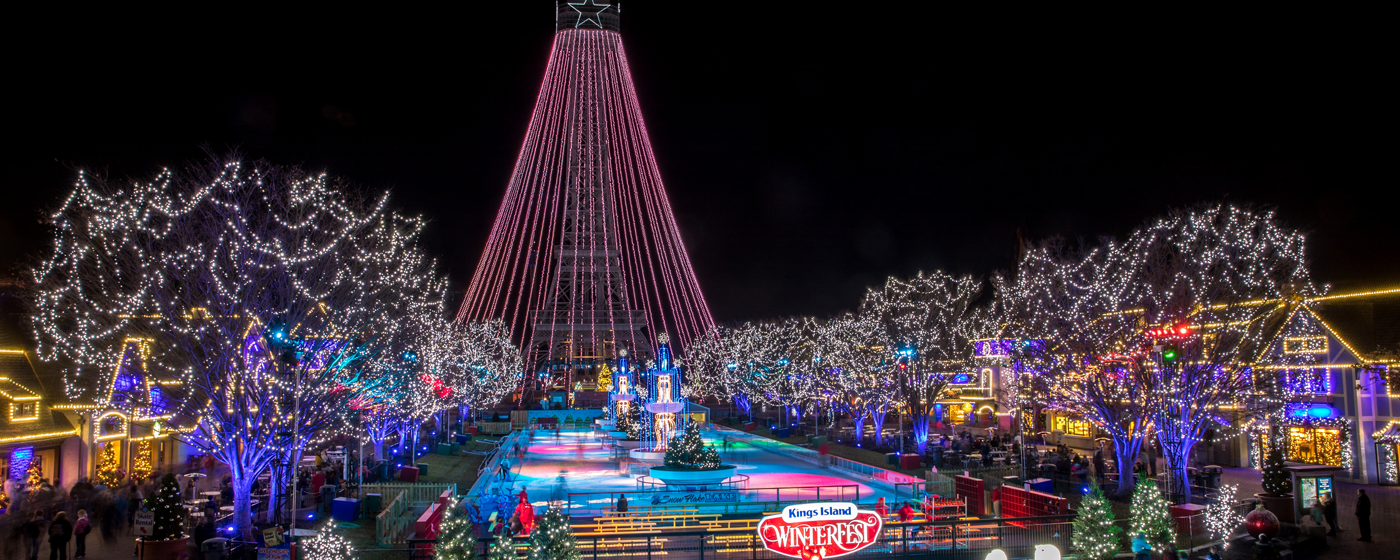 A light show during WinterFest at Cedar Fair's Kings Island amusement park.