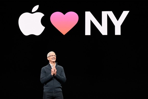 Tim Cook stands on stage at the annual iPhone launch event in October 2018.