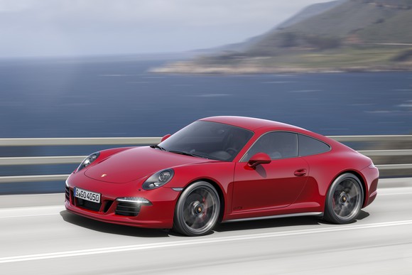 A red 2016 Porsche 911 sports car. 