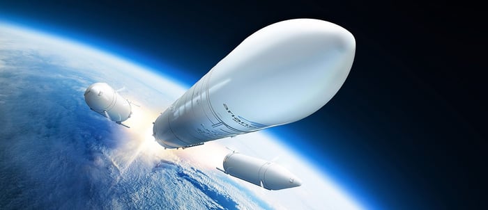 Artist's depiction of Ariane 6 rocket dropping boosters