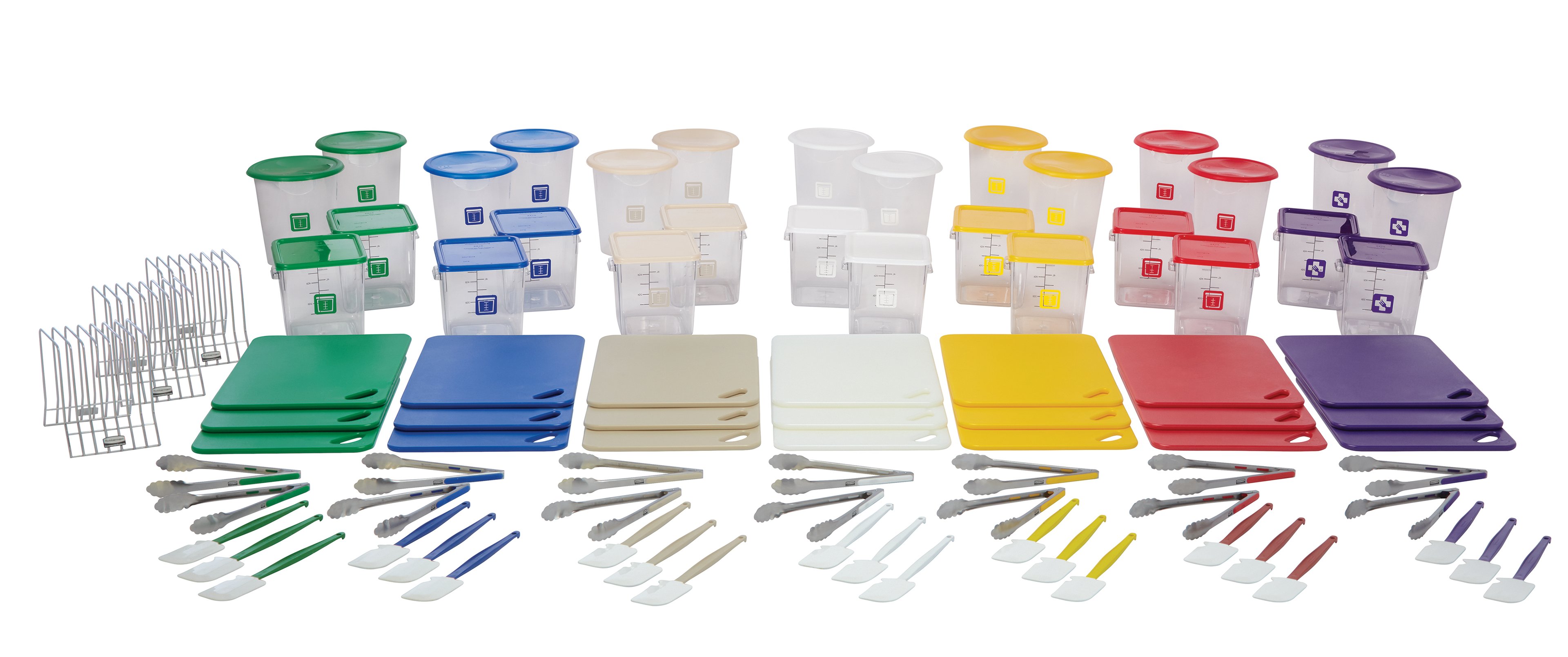 A multicolored set of Rubbermaid containers.