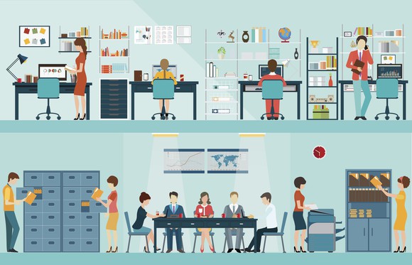 Illustration of business meetings, teamwork, and brainstorming sessions.