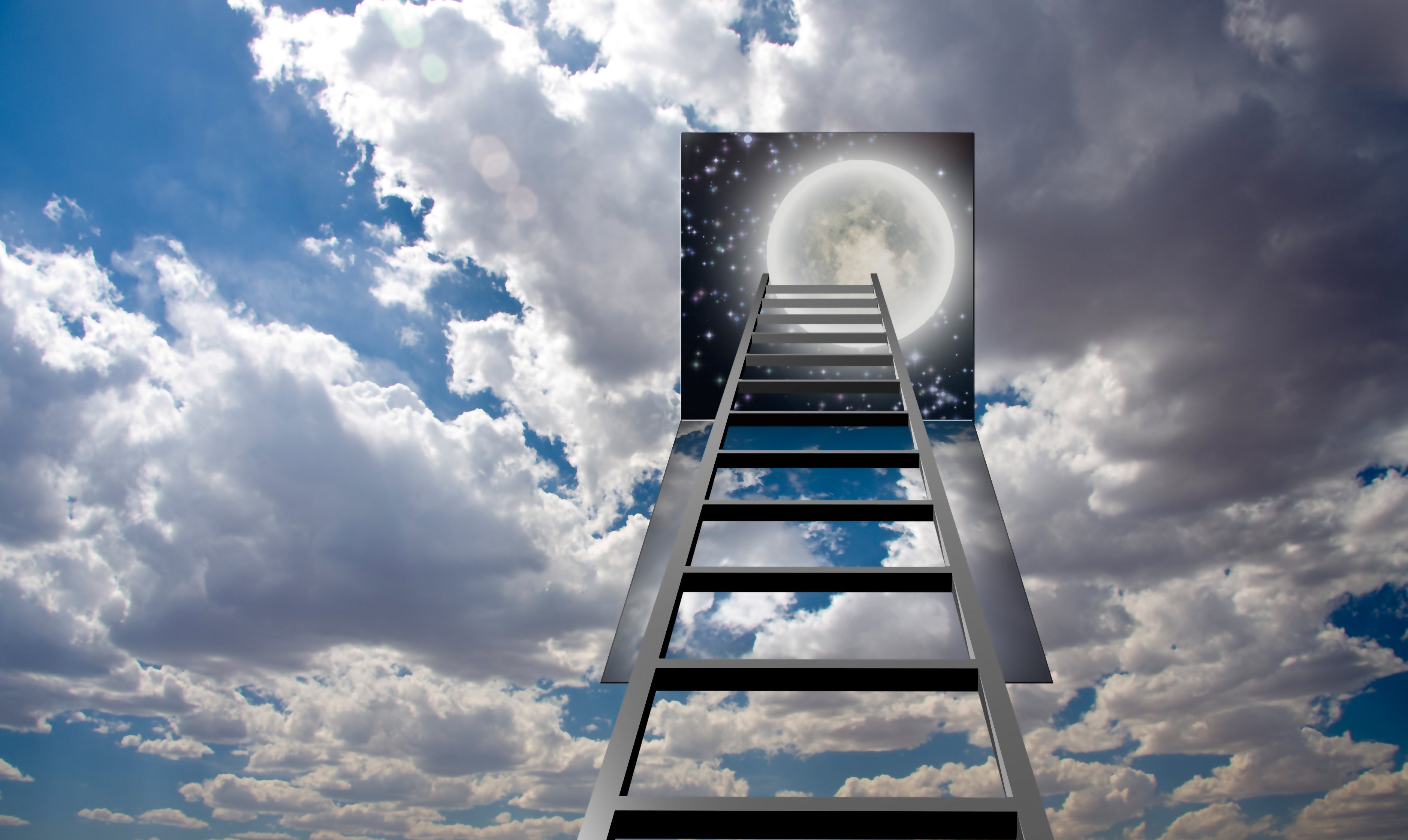Ladder up to a moon inset in a cloudy sky