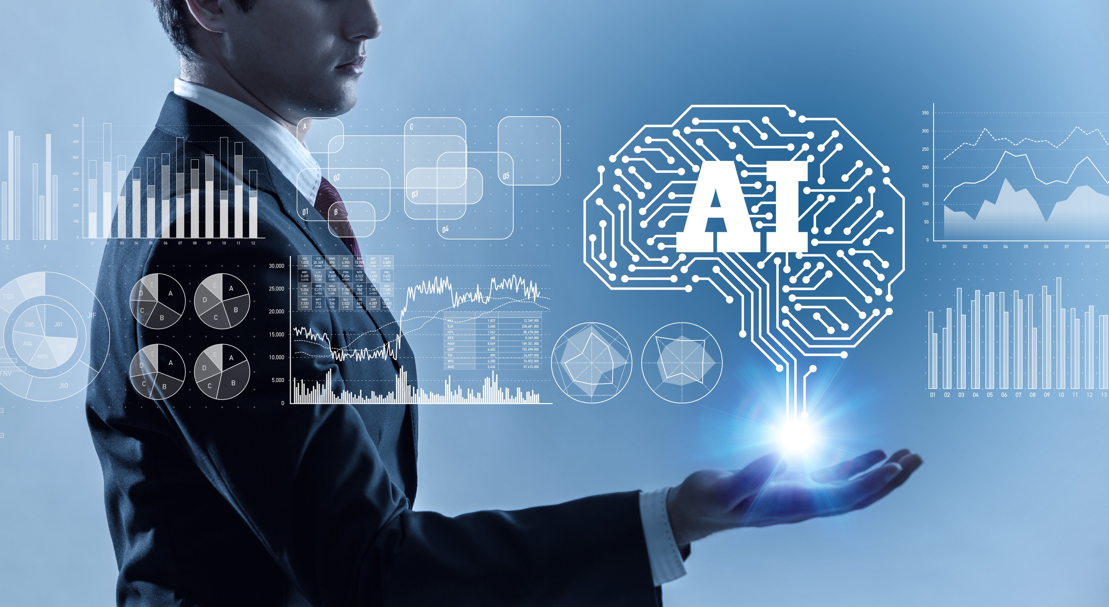 An artistic depiction of a man holding out his hand, which is holding a computer-chip brain that says "AI"