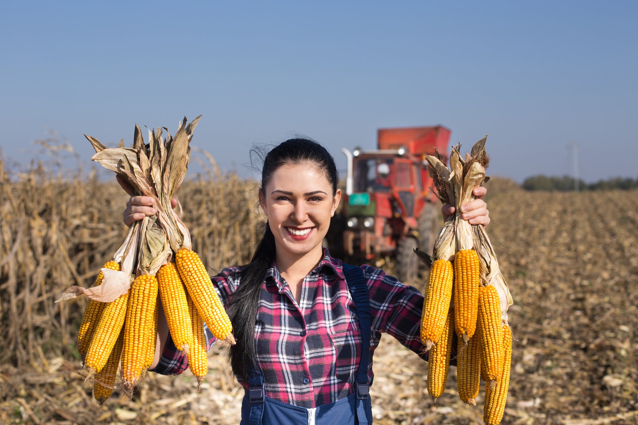 Woman in a field holding up ears of corn