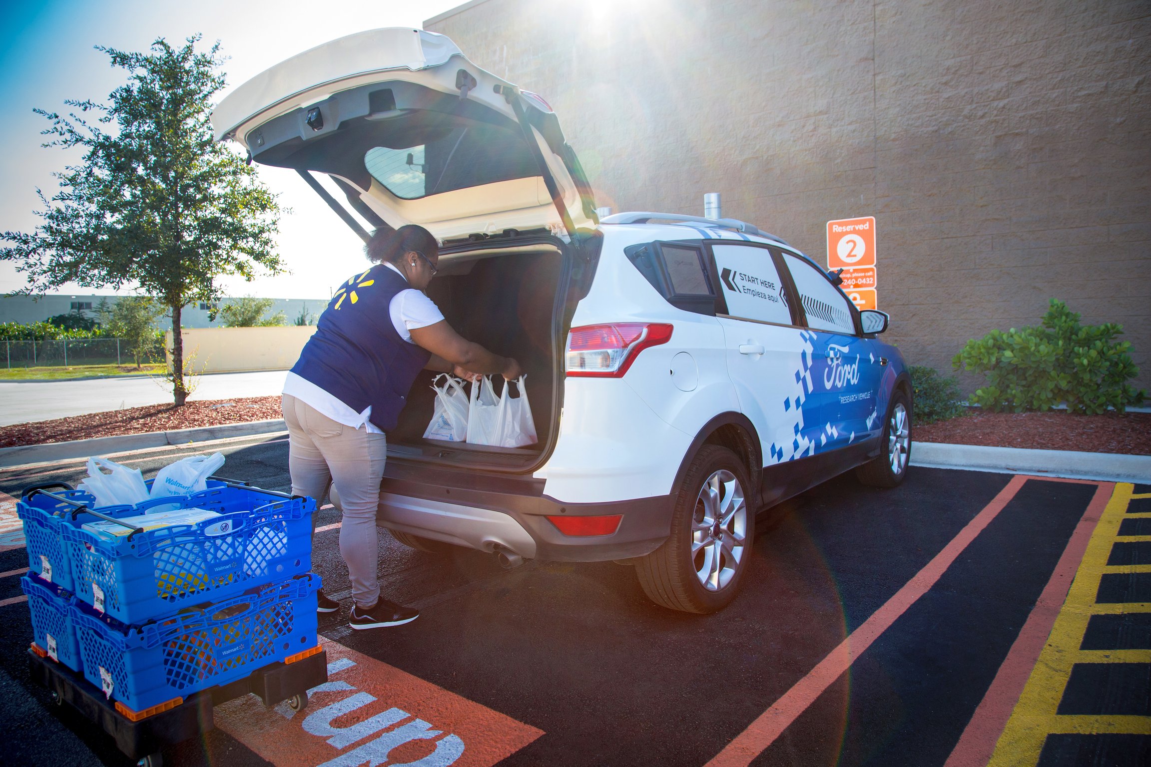 A Walmart employee loading grocery bags into the back of a Ford car.