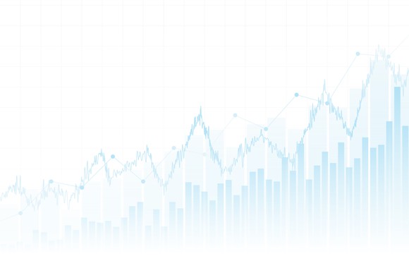 A faded blue stock chart on white background.
